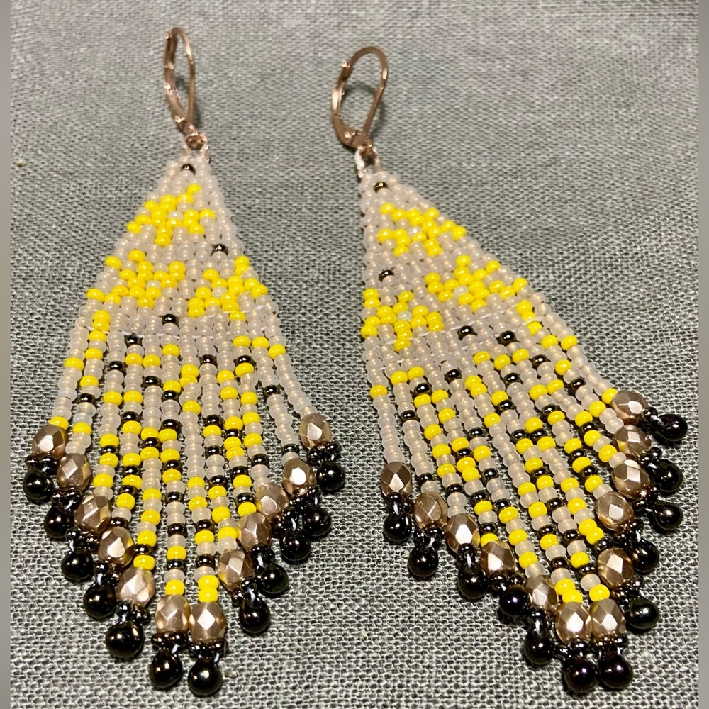 Falling Petals Yellow Beige Beaded Earrings